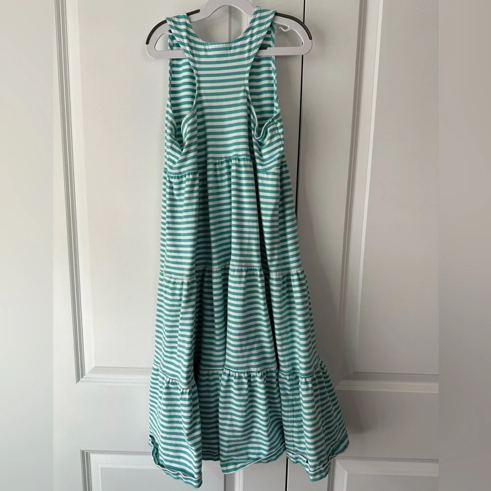 Hanna Andersson Girls Aqua And White Striped Tiered Tank Dress (Size 160)